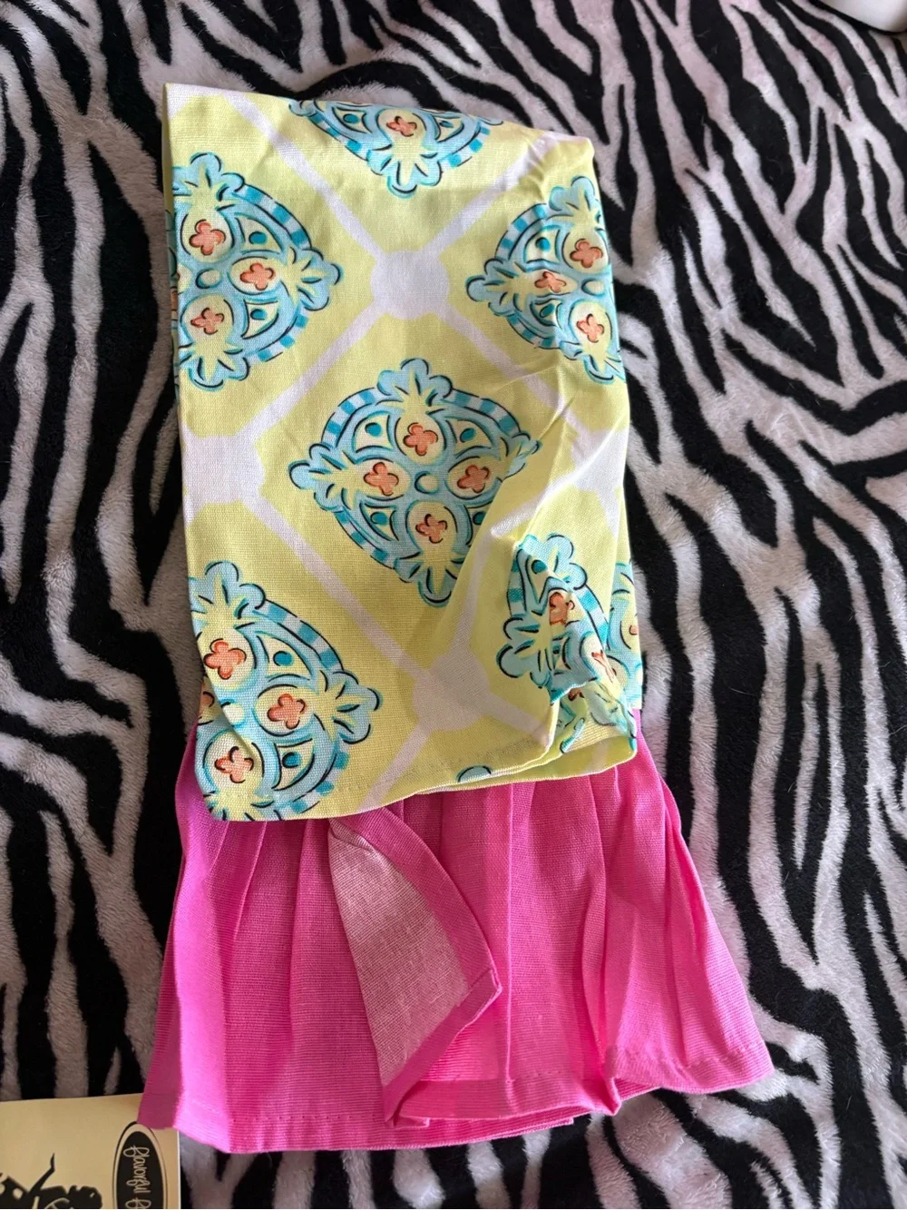 Bright Pink & Yellow Patterned Kitchen Towel with Aqua Accents
